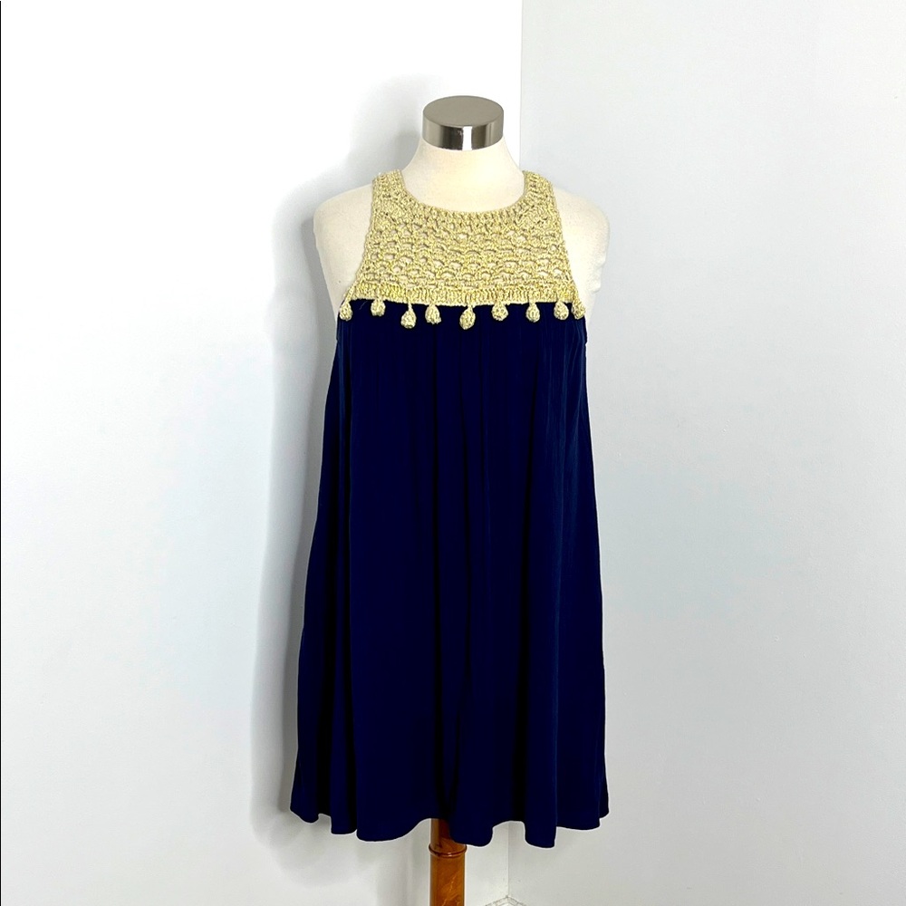 Lilly Pulitzer Navy Gold Crochet Pom Pom Dress Sz Small